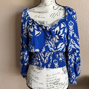 Sienna Sky Women's Cropped Top Long Sleeve Keyhole Neck/Bow Floral Off Shoulder